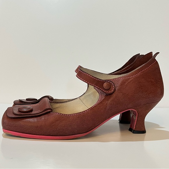 FLY London Red-Burgundy Pink Stitching Mary Jane Kitten Heels EU 41 Square Toe - Picture 3 of 13